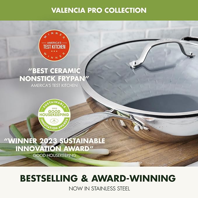 GreenPan Valencia Pro Tri-Ply Stainless Steel 12” Wok with Lid, PFAS-Free Ceramic Nonstick Coating, Induction Ready Cookware, All Cooktops, Dishwasher & Oven Safe to 600F
