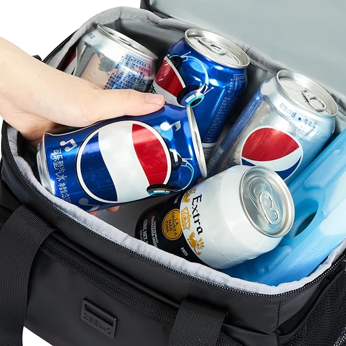 ZEEMO Soft Cooler Bag, Insulated Lunch Box, 12.5 L Ice Chest, Double Leakproof Layers, Waterproof and Collapsible Case for Work Outdoor Trip, Medium Size, Black