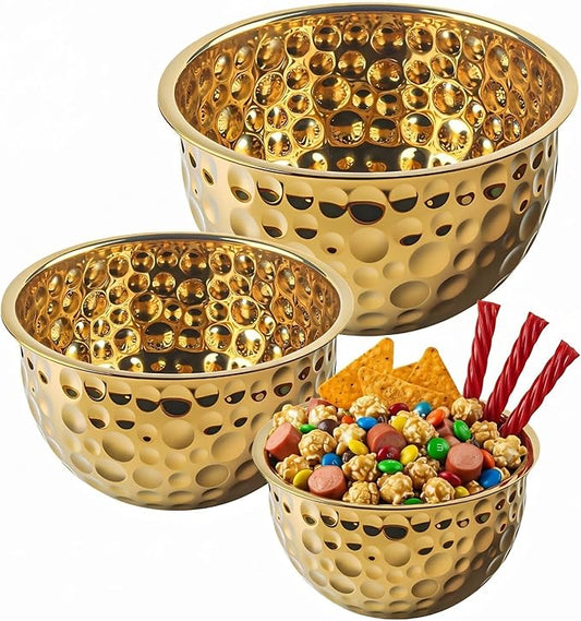 Gold Mixing Bowls Hammered Mixing Bowl Set, Stainless Steel Golden Finish Decorative Serving Bowls for Kitchen, 3 Piece Salad Bowl for Prepping Cooking Baking Serving Gold Serving Bowls for Home Decor