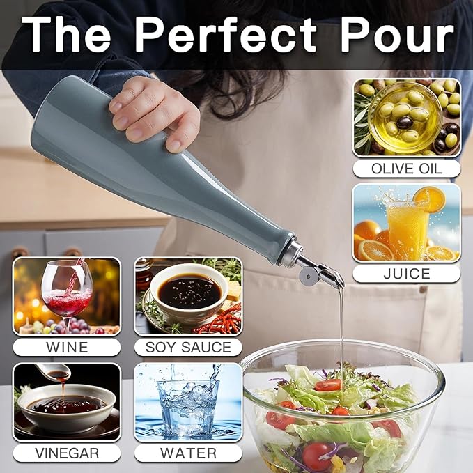 YOLIFE Olive Oil Dispenser Bottle, 16oz Ceramic Oil Dispenser for Kitchen, Oil Bottle with Gravity Spout, Leak Proof EVOO Dispensing Bottle with 2 Spouts and 1 Funnel for Vinegar, Juice(Gray)