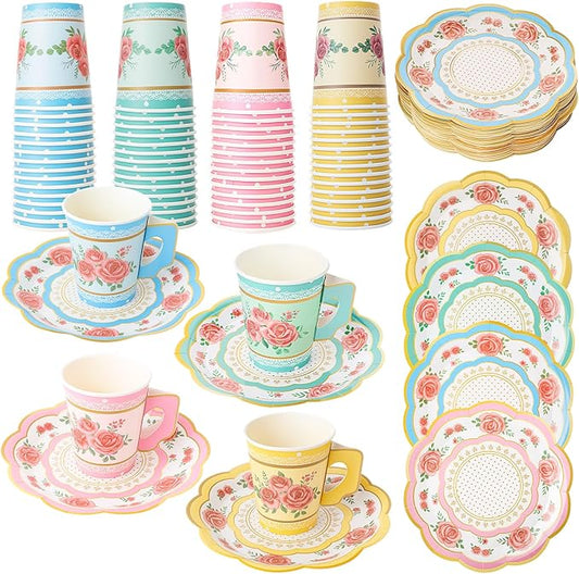 60 Sets/120 Pcs Floral Paper Tea Cups and Saucers 9 OZ Disposable Paper Tea Cups with Handle and Plates Tea Party Decorations for Birthday Wedding Garden Party Decorations
