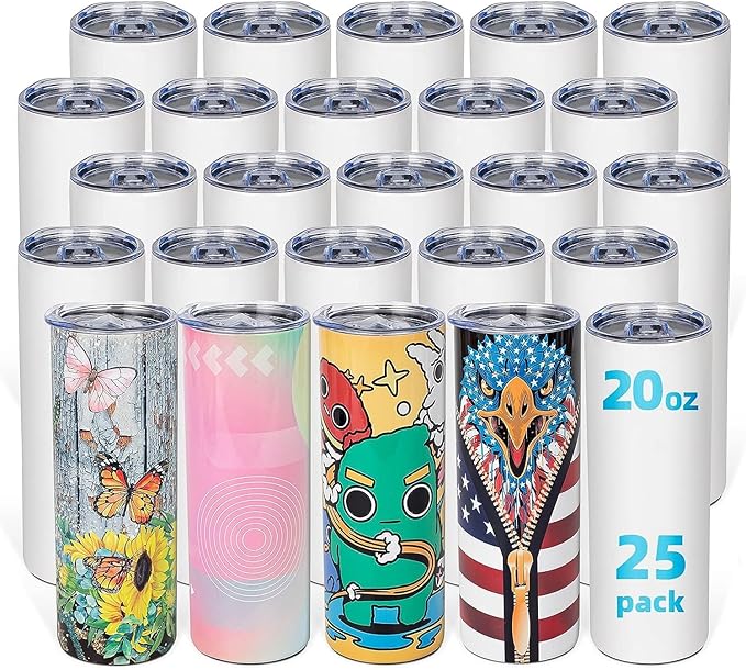 25 Pack 20oz Sublimation Tumbler Blanks Skinny Straight in Bulk, Stainless Steel Insulated Sublimation Tumbler with Polymer Coating for Heat Transfer, with Lid, Straw, Ribbon, Gift Box