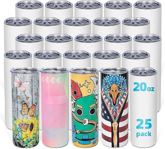 25 Pack 20oz Sublimation Tumbler Blanks Skinny Straight in Bulk, Stainless Steel Insulated Sublimation Tumbler with Polymer Coating for Heat Transfer, with Lid, Straw, Ribbon, Gift Box