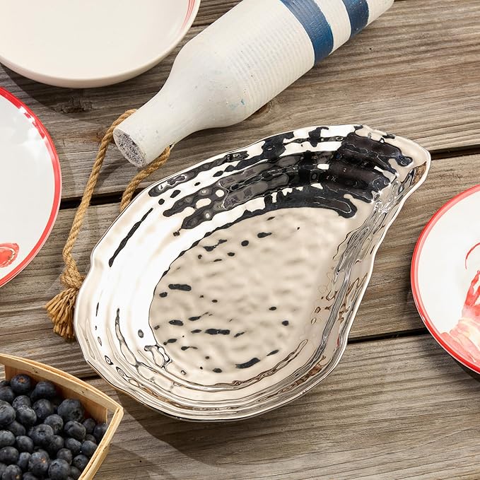 Silver Plated Porcelain Oyster Platter – 15.5 x 10 Inches, Tarnish-Resistant Elegance for Dining & Entertaining