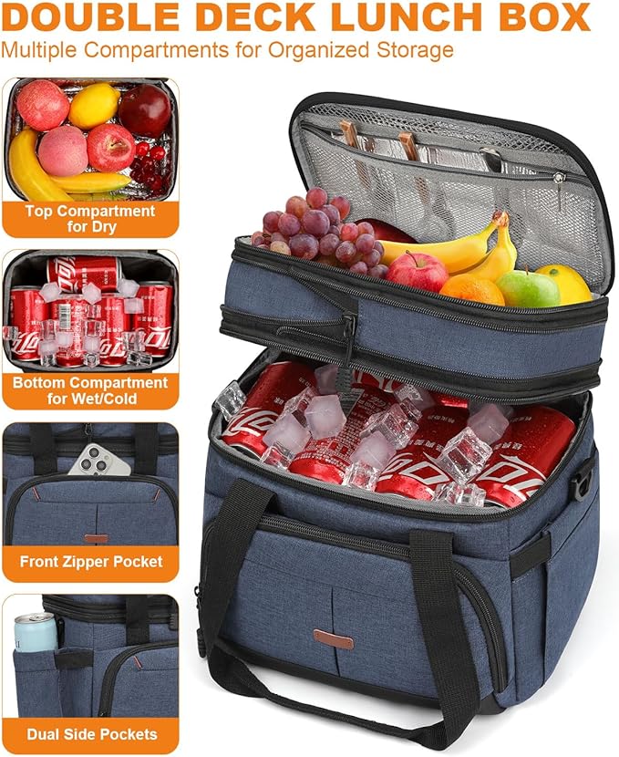 Lunch Box For Men Women Double Deck Insulated Lunch Bag For Men Woman Leakproof Expandable Cooler Bag with Adjustable Shoulder Strap for Kids Shool Work Picnic Camping(Blue,Large)