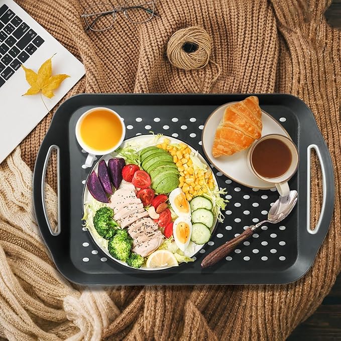 1PCS Large Non-Slip Serving Tray with Handles TV Lap Trays for Eating on Couch Food Serving Tray with Silicone Grippy Dots for Dinner Snack Fruit Dessert Breakfast (Black - 1pcs)