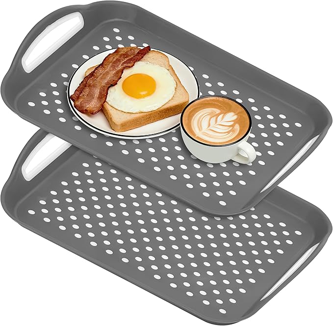 Non Slip Lap Trays with Handles, Set of 2 Food Trays for Eating on Couch, Dishwasher Safe Rectangular Serving Trays for Dinner, Breakfast & Snacks (Gray)