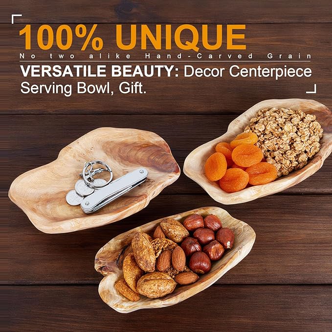 Natural Wood Fruit Bowl 11-13 inch, Unique Handmade Wood Serving Platter, Wood Fruit Snack Dish for Sandwich Bread Serving, Appetizer Display, Vintage Ring Dish, Hand Carved Artworks