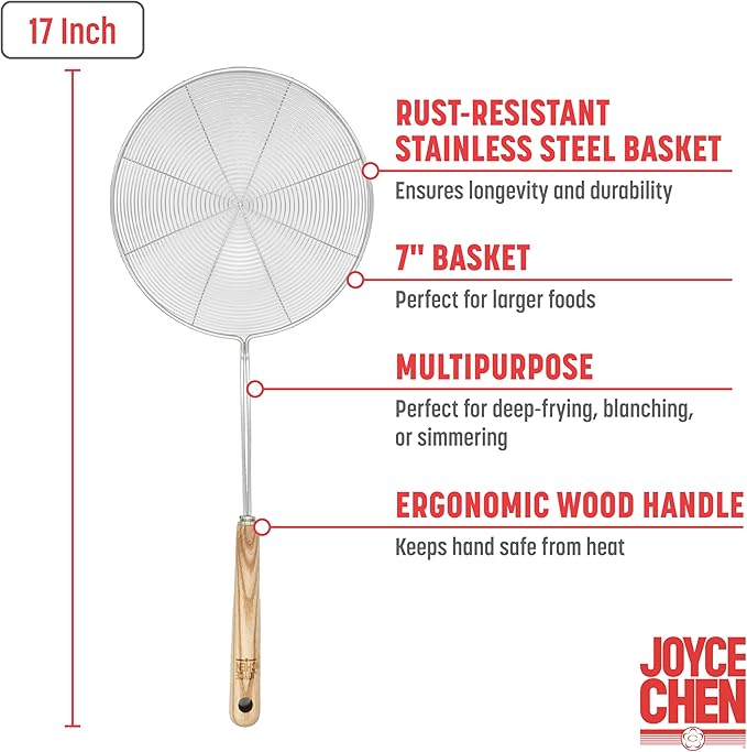 Joyce Chen Deluxe Kitchen Spider Strainer Stainless Steel 7-Inch Wire Basket with Heat-Resistant Wood Handle