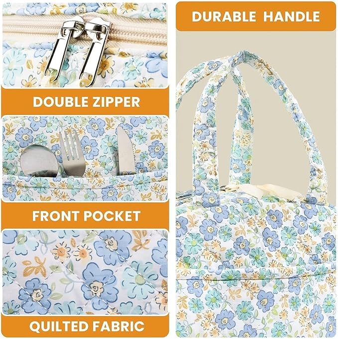 Quilted Lunch Box for Women,Coquette Aesthetic Lunch Box for Teen Girls,Cute Floral Lunch Bags for Work, School,Office,Picnic,Travel (green blue floral)
