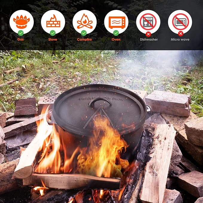 LIFERUN Dutch Oven Pot with Lid, 6.2 Quart Cast Iron Dutch Oven, without Feet, with Stand & Spiral-shaped Handle, Cast Iron Pot for Outdoor & Indoor