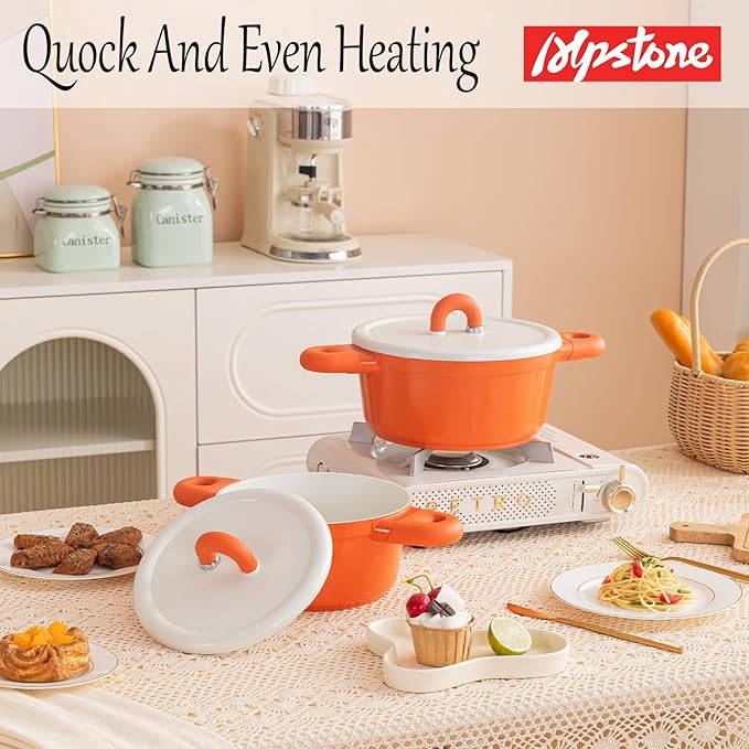 Alpstone 4QT Nonstick Stock Pot with Lid, Ceramic Casserole with Die-cast lid, Non-toxic Kitchen Soup Pot, Family Cooking Pots PFAS and PFOA Free (Orange Color)