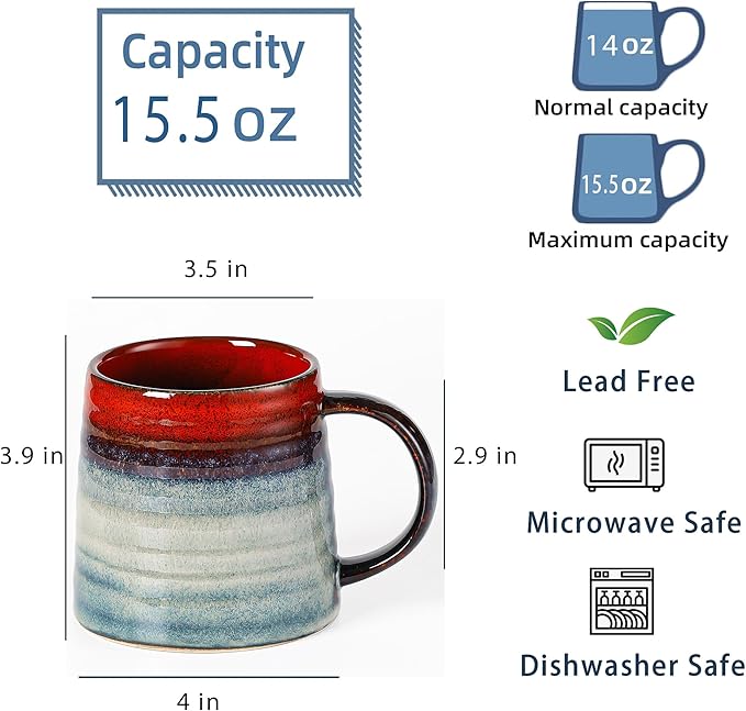 Large Ceramic Coffee Mug, Handmade Pottery Mugs, Tea Cups with Big Handle for Office and Home, 15.5 oz, Dishwasher and Microwave Safe (Red)
