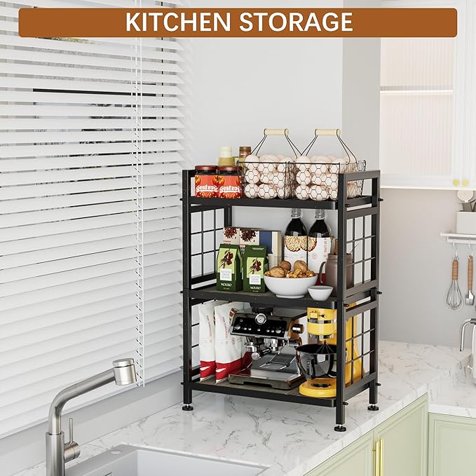 GIOTORENT 3-Tier Pantry Shelves with Wooden Boards, Heavy Duty Storage Shelves & Book Shelf, Adjustable Metal Shelving Unit for Kitchen Bathroom Laundry Organizer, Sturdy Rust-Resistant, Black