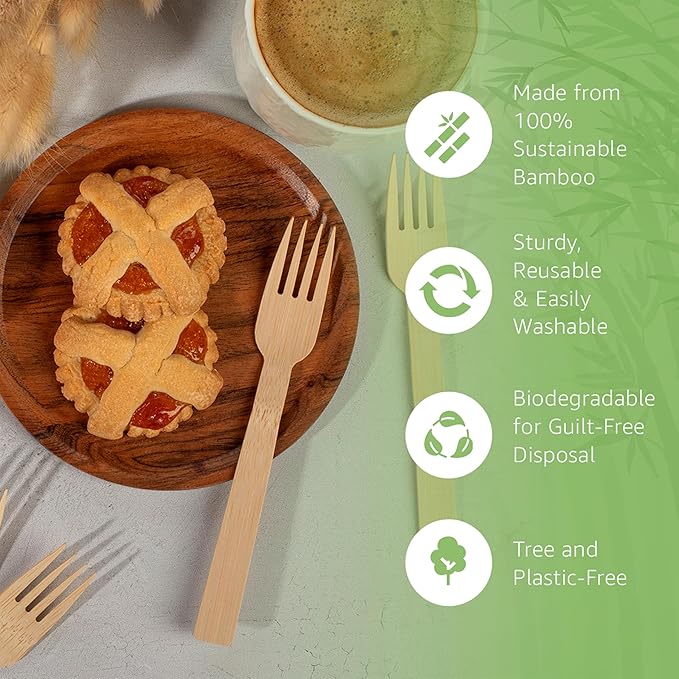 100% Bamboo Forks Set - Eco Friendly Disposable Cutlery (500 Compostable Forks) | Disposable or Reusable Bamboo Utensils | Compostable FSC Certified Silverware for Weddings, Camping, Parties