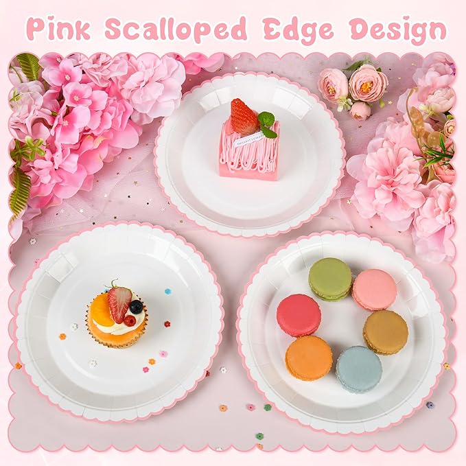 30 Pcs Pink and White Paper Plates, 9 Inch White Party Plates, Pink Scalloped Dinner Paper Plates Wedding Plates Party Supplies for Baby Girl Shower, Wedding, Mother's Day, Birthday, Easter Party