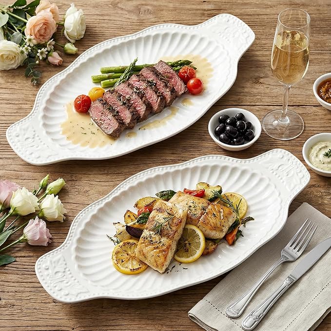 Suwimut 2 Pack Porcelain Oval Serving Platters, 14 Inch Large Embossed White Serving Plates for Entertaining, Oven Safe Stackable Ceramic Dinner Tray for Fish, Meat, Appetizers, Fruits, Dessert