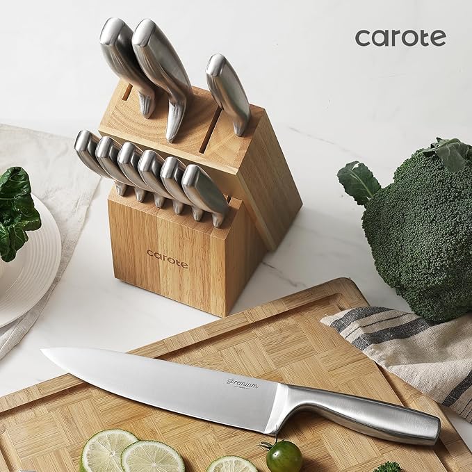 CAROTE 12-Piece Knife Set, All-Stainless Steel Knife Block Set, Kitchen Knives with Wooden Block, Razor-Sharp and Ergonomic, Easy Cleaning