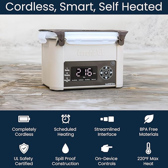 LunchEAZE Core Gen 2 Cordless Heated & Electric Lunch Box – Battery-Powered, 4-Cup Capacity, 220°F, Automatic Scheduled Heating for Hot Meals Anywhere