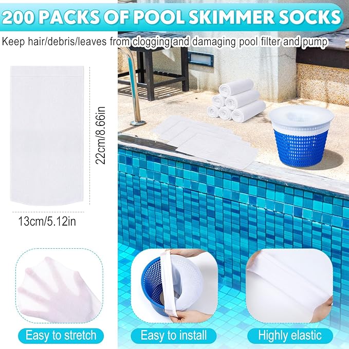 200 Pack Pool Skimmer Socks, Pool Filter Socks for Filters Skimmer Basket to Filter Debris and Leaves for Above Ground and Inground Pools