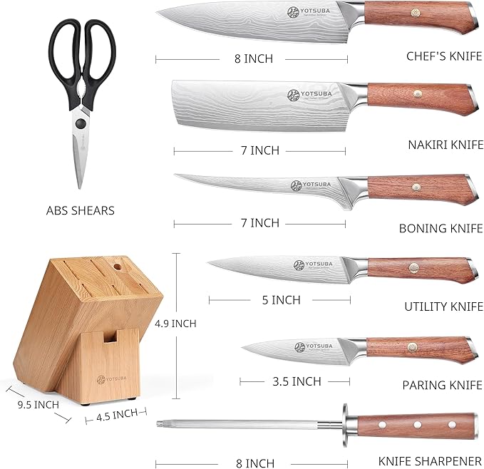 YOTSUBA Kitchen Knife Set, 8 PCS Knife Set with Block, High Carbon Stainless Steel Chef Knives Set, Sharp Knives Set for Kitchen, Japanese Knife Set with Ergonomic Rosewood Handle