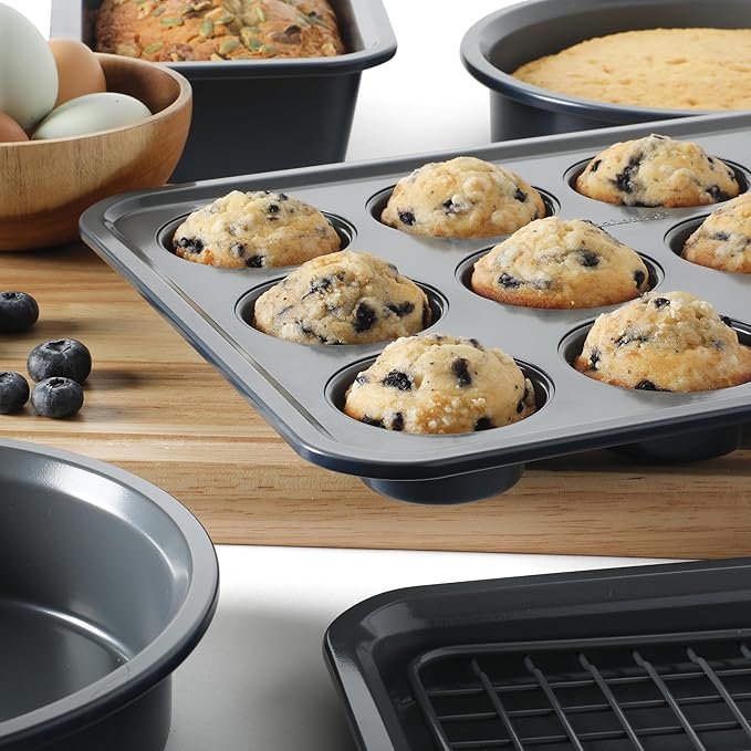 Calphalon Legacy 10-Piece Nonstick Bakeware Set, PFA-Free Nonstick Coating, Oven Safe, Includes Sheet Pans, Muffin Pan, Round Cake Pans, Loaf Pan and Cooling Rack, Blue/Grey Interior