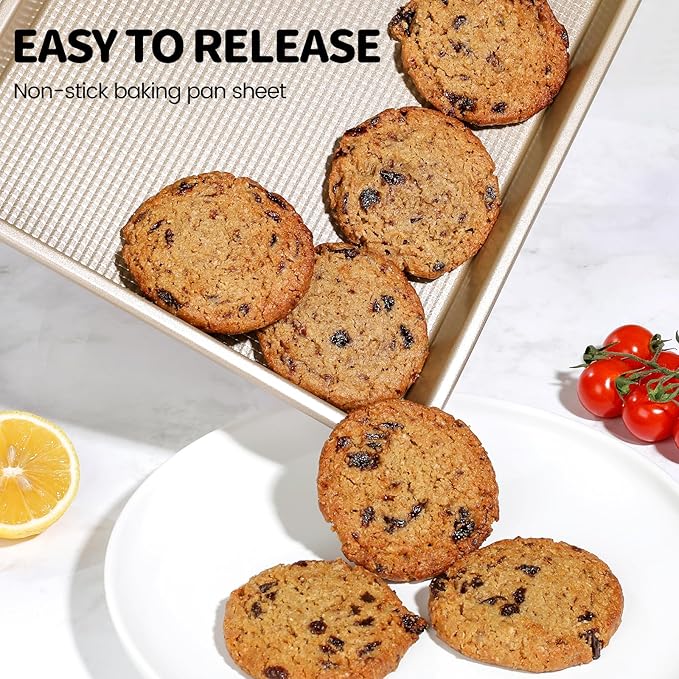 Vinino Baking Sheet Set of 2, Cookie Sheets For Baking with Square Texture Pattern, Thicker Carbon Steel Non-stick Baking Pan Half Pans Tray for Oven 17-GD
