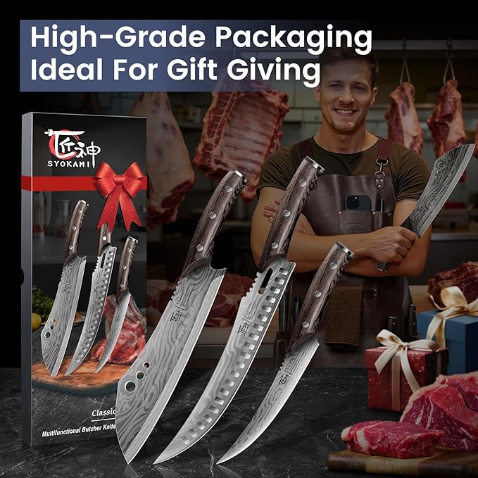 Butcher Knife Set, 3 PCS Kitchen Knives Set for Cutting, Meat Cleaver Chef Knife Set, Japanese Style High Carbon Steel Knives Set, Chopping & Slicing & Boning for Home and BBQ, Ideal Gift