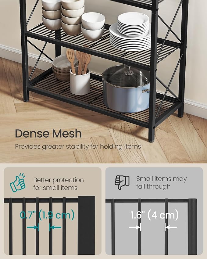 SONGMICS 4-Tier Metal Storage Rack, Shelving Unit with X Side Frames, Dense Mesh, 12.6 x 31.5 x 44.3 Inches, for Entryway, Kitchen, Living Room, Bathroom, Industrial Style, Ink Black UBSC184B01