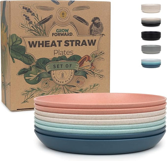 Grow Forward Premium Wheat Straw Plates - 8 Inch Reusable Hard Plastic Dinner Plates Set of 8 - Unbreakable Microwave Safe Plates for Dessert, Camping, RV, Outdoors, Patio, Kitchen Dishes - Tropical