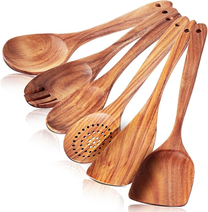 6 Pack Wooden Spoons For cooking – Heat-Resistant Wood Spatula with Comfort Grip, Lightweight Kitchen Cooking Utensils set, wood Spoon utensil Set Perfect for Non-Stick Cookware