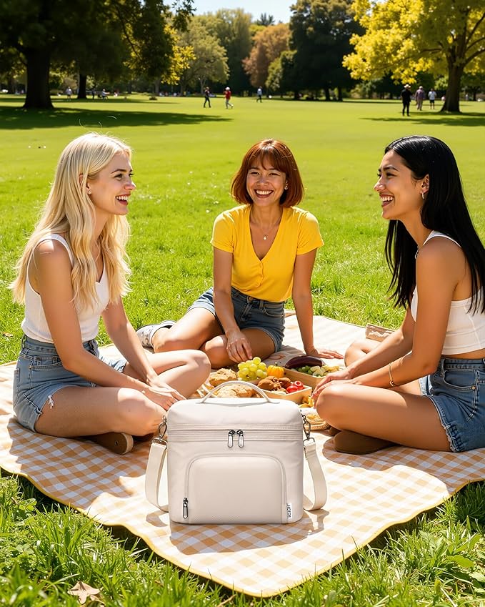 HOTOR Lunch Box for Women - Insulated Lunch Bag with Spacious 8L Capacity, PU Leather Cooler Bag, Water-Resistant & Easy to Clean, Ideal for Work or Everyday Use, Beige, 10.0" x 8.6"x 5.9"