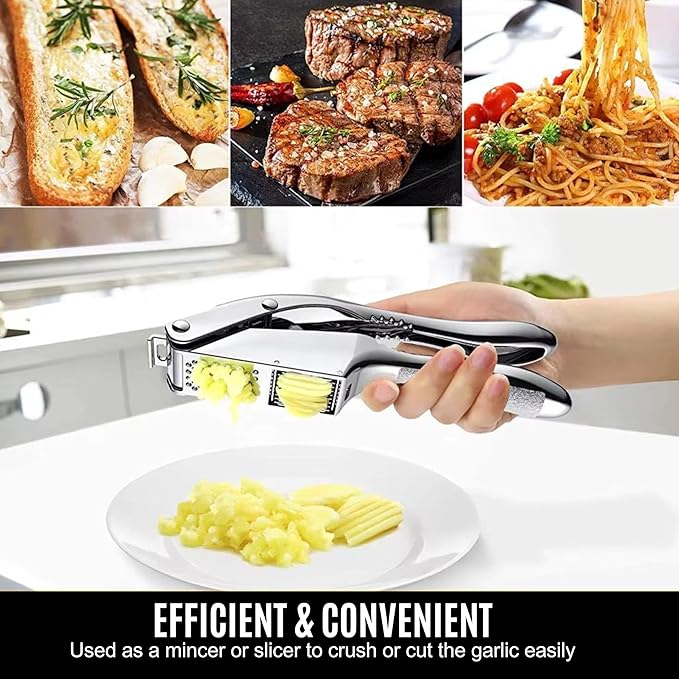 3 in1 Garlic Press Stainless Steel – Heavy Duty Garlic Crusher & Mincer with Cleaning Tool, Ergonomic Easy Squeeze Handle, Rust-Proof Dishwasher Safe Garlic Mincer for Kitchen