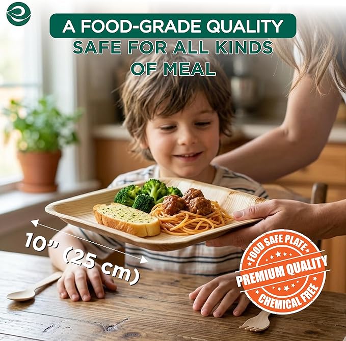 ECO SOUL Palm Leaf Like Bamboo Plates, 10 Inch Square, 50 Pack, Bulk Disposable Dinner Plates, Compostable Biodegradable Natural Wooden Dinnerware for Parties, Weddings & Catering Events