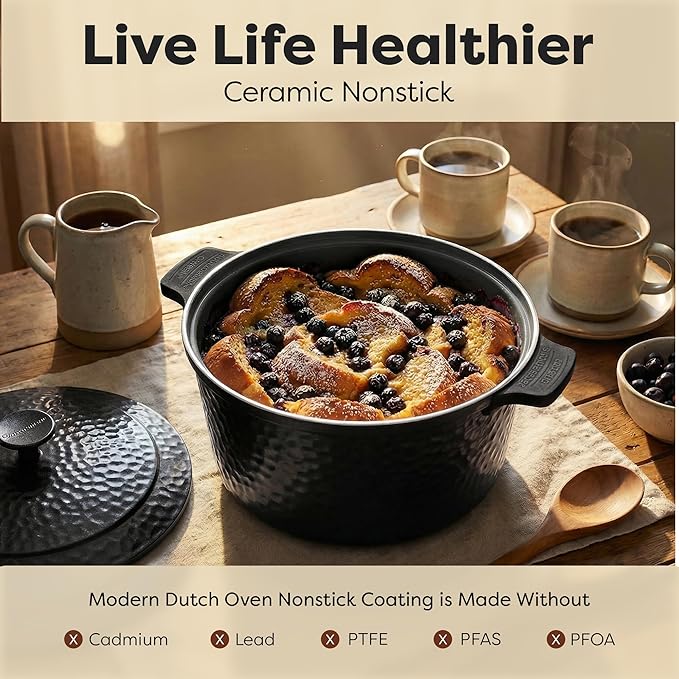 Gotham Steel Hammered 5 Qt Lightweight Dutch Oven Pot with Lid & Holders, Ceramic Non Toxic, Oven Safe & Even Heat Retaining Dutch Oven for Bread Baking Sourdough, Soup, 70% Lighter than Cast Iron