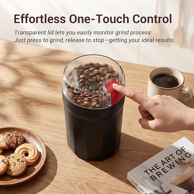 Electric Coffee Grinder, 180W Coffee and Spice Grinder for Coffee Beans, Herbs, Grains, Seeds - One Touch Safety Lid with Stainless Steel Blades - 2.5oz Capacity Includes Cleaning Brush