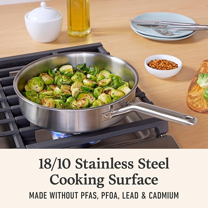 Calphalon Brushed 3-Ply Stainless Steel Cookware Set w/Turbo Heat Tech 3Qt Sauté Pan with Lid, Induction, Oven Safe 450F, Brushed Stainless Silver