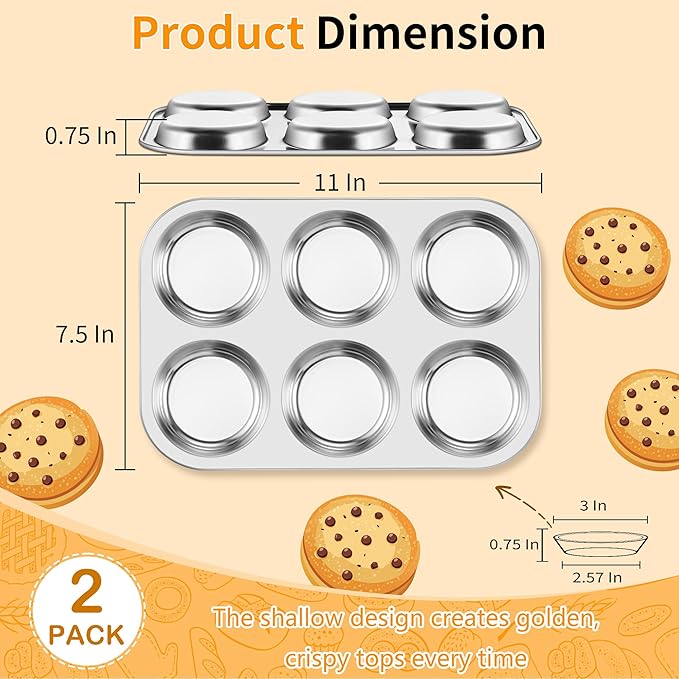 P&P CHEF Muffin Top Pan Set of 2, Stainless Steel 6-Cavity Shallow Cupcake Pans, Standard Bakeware for Eggs, Whoopie Pies, Cornbread, Cookies, Yorkshire Pudding, Easy Clean & Oven Safe, Silver