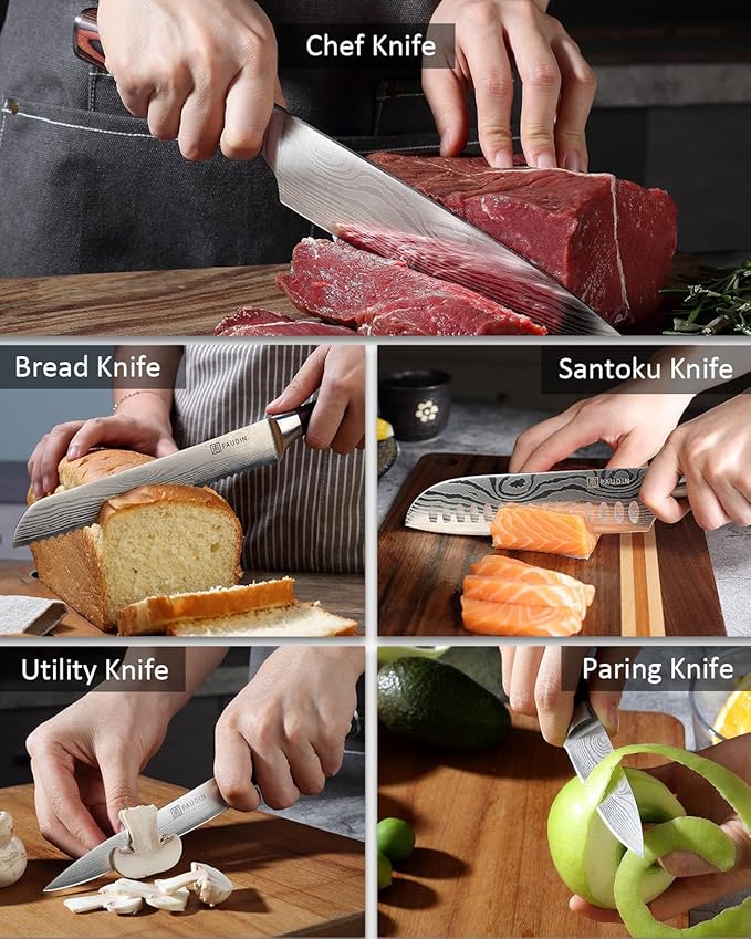 PAUDIN Knife Set, 5PCS Kitchen Knife Set without Block, Stainless Steel Chef Knife Set with Pakkawood Handle, Professional Kitchen Gift Sets for Cooking Lovers