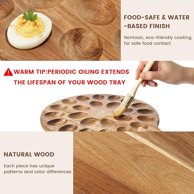 HANSGO Deviled Egg Platter, Wooden Round Deviled Egg Charcuterie Board Tray Holder Carrier with 24 Holes for Kitchen Countertops