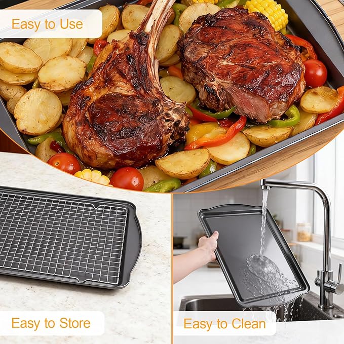 Baking Sheet with Cooling Rack Set,Carbon Steel Cookie Sheets with Rack for Baking Roasting,Nonstick Baking Pans, 17 x 11 x 0.5 Inches (2 Set)