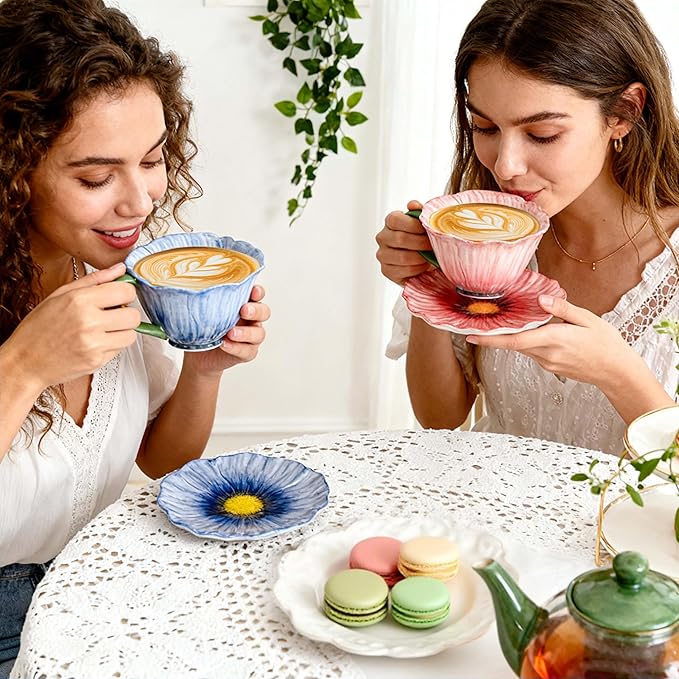 JUSONEY 10 oz Tea Cups and Saucers, Ceramic Flower-shaped Cappuccino Cup, Latte Cup and Saucer set, elegant floral Espresso Cup set, cups are microwave and dishwasher safe-Orange