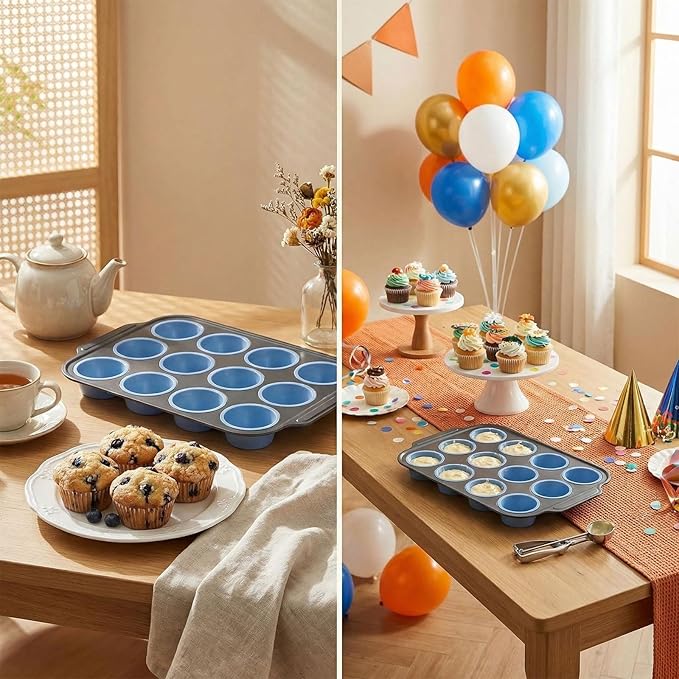 Boyun Silicone Muffin Pan for Baking,No-Spill Easy-Transfer Design,Reinforced Steel Frame, Non-Stick & Dishwasher Safe,12-Cup Regular Size Muffin & Cupcake Pan Bakeware for Oven (Blue 2pcs)