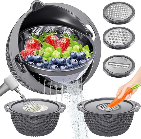 4-1 Colander with Lid Set - Rotatable Strainer With Bowl(Patented), Pasta Strainer with New Upgraded Graters, Strainer And Colanders, Fruit Cleaner, Veggie Wash, Apartment Kitchen Gadgets - Grey