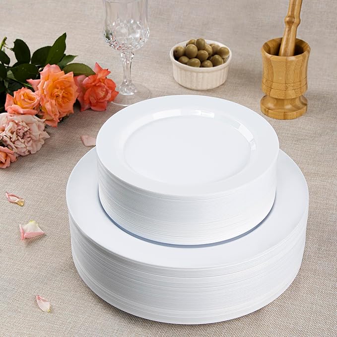 SETUP 100-Piece White Plastic Dinnerware Set – 50 10.25" Dinner & 50 7.5" Salad Plates – Heavy-Duty Disposable for Weddings, Catering, Parties