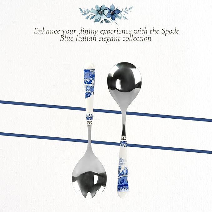 Spode Blue Italian Collection Salad Servers | 2 Piece Spoon and Fork Set | 10 Inch | Blue and White | Made of Porcelain and Stainless Steel | Italian Countryside Design