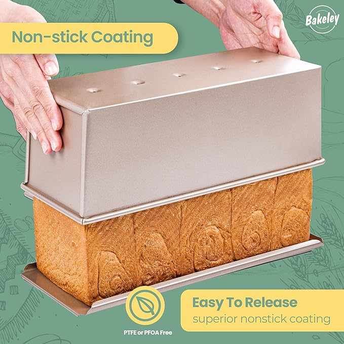 Commercial Pullman Loaf Pan with Lid, 2.2Lb Dough Capacity Non-stick Rectangle Flat Toast Box for Oven Baking 13.6"×5.4"×4.7"(Champagne Gold)