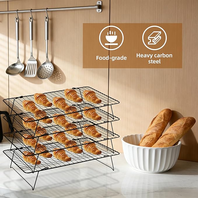 Cooling Rack, 3 Tier Stackable Cooling Racks for Cooking Baking Roasting, Multi-Level Collapsible Cookie Rack for Cakes, Oven Safe & Easy Clean (Black, 3-Tier)