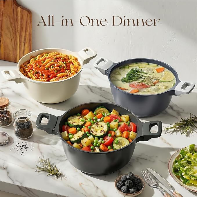 PRICUSIS Ceramic Nonstick Stock Pot with Silicone Rim Glass Lid, 4.5/7QT Soup Pot Casserole, Cooking Pot, Induction Compatible, Dishwasher Safe, Ideal for Pasta & Stews, PTFE PFOA Free, Blueberry Gray