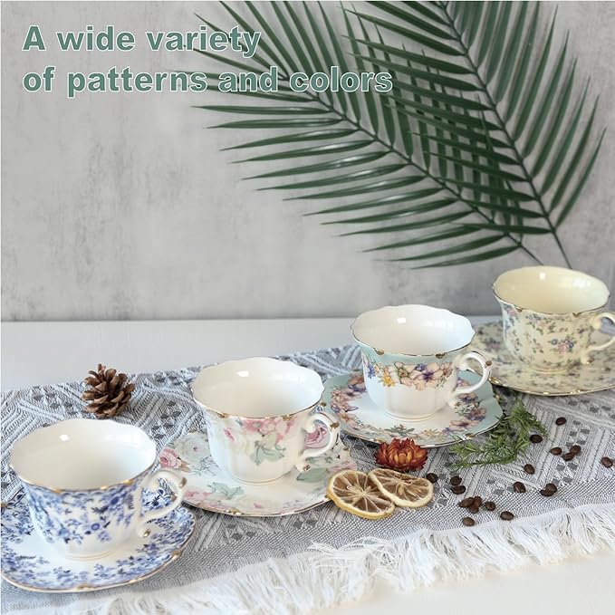 Vintage Floral Porcelain Tea Cup and Saucer Set with Spoon, Gold Trim, 6.4 oz – Set of 1, Teal – Tea & Espresso & Coffee Cups (1, Teal)